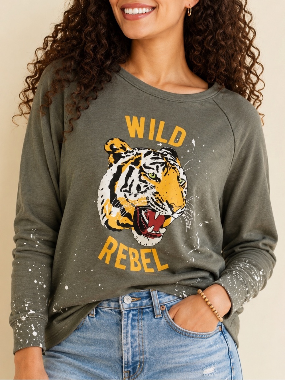 Chaser Wild Rebel Tiger Graphic Sweatshirt Olive Green Paint Splatter XS - Picture 3 of 11